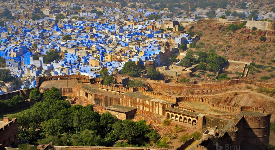 Aerial view of Mehrangarh Fort ramparts in Jodhpur, Rajasthan, overlooking the Blue City below
